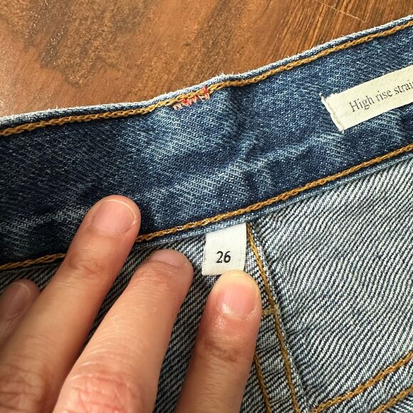 NOEND High Rise Straight Cropped Jeans Blue Denim Frayed Cotton - Picture 10 of 14